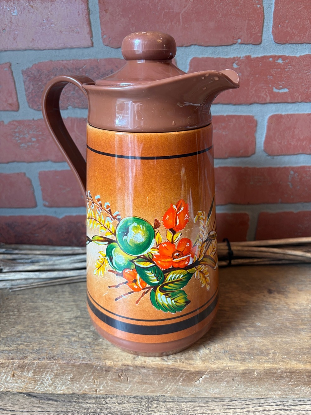 Vintage Interpur Thermal Coffee Carafe Pitcher Brown Floral 1970s Taiwan